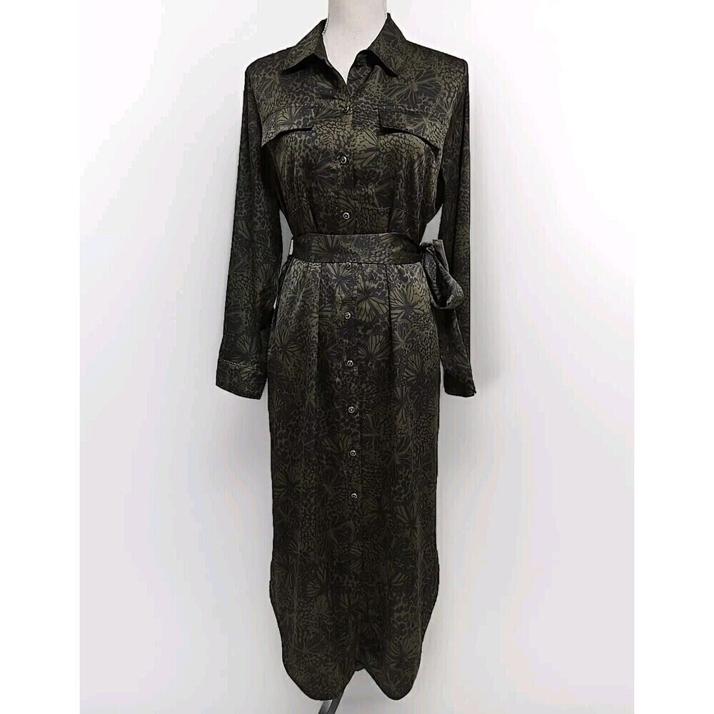 Chicos Utility Shirt Midi Dress Belted Button Down Black Olive Green Size 1/ M